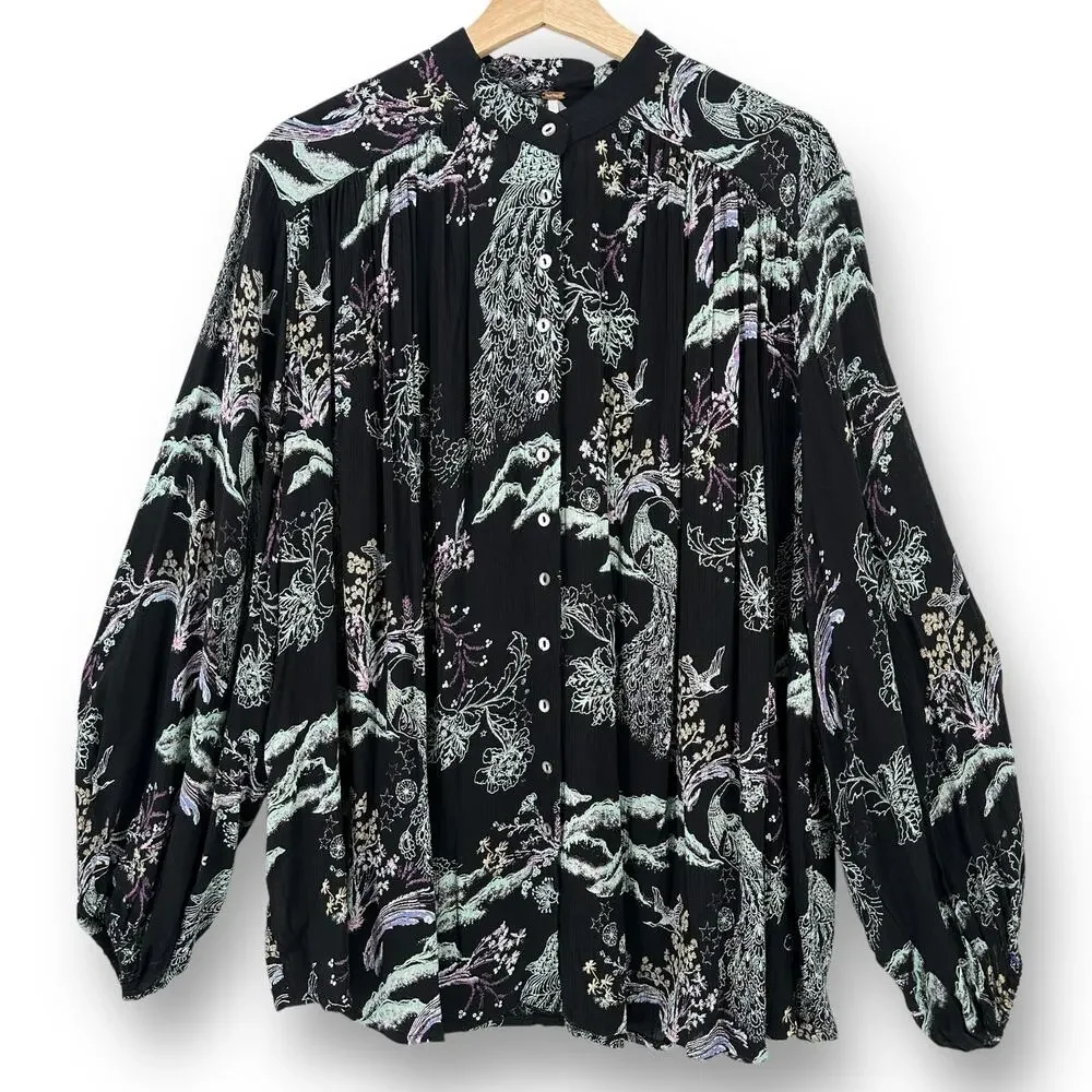 Free People Metallic Blooms Floral Peacock Bird Print Shirt Womens Size XS Black